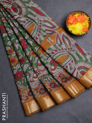 Semi maheshwari cotton saree green and mustard yellow with allover kalamkari prints and zari woven border