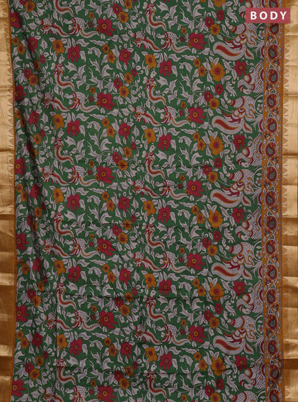Semi maheshwari cotton saree green and mustard yellow with allover kalamkari prints and zari woven border