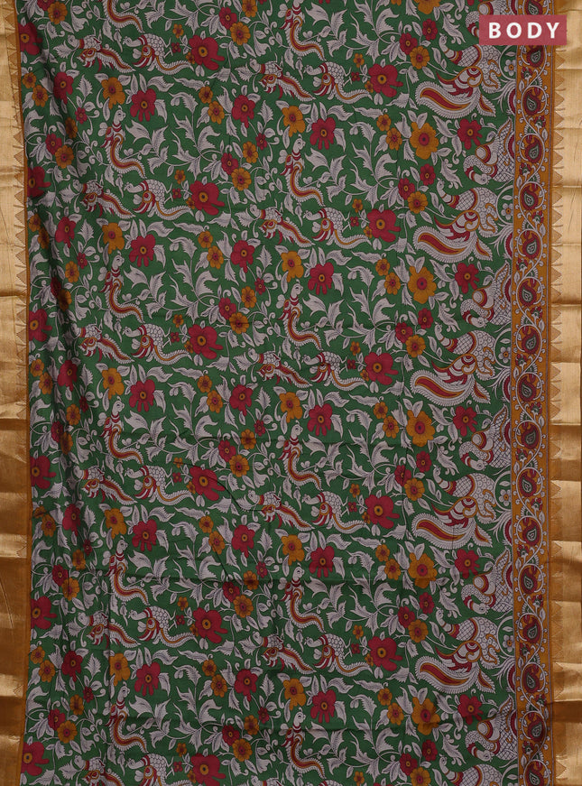 Semi maheshwari cotton saree green and mustard yellow with allover kalamkari prints and zari woven border