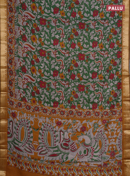 Semi maheshwari cotton saree green and mustard yellow with allover kalamkari prints and zari woven border
