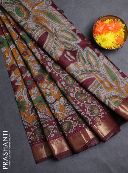 Semi maheshwari cotton saree mustard yellow and maroon with allover kalamkari prints and zari woven border