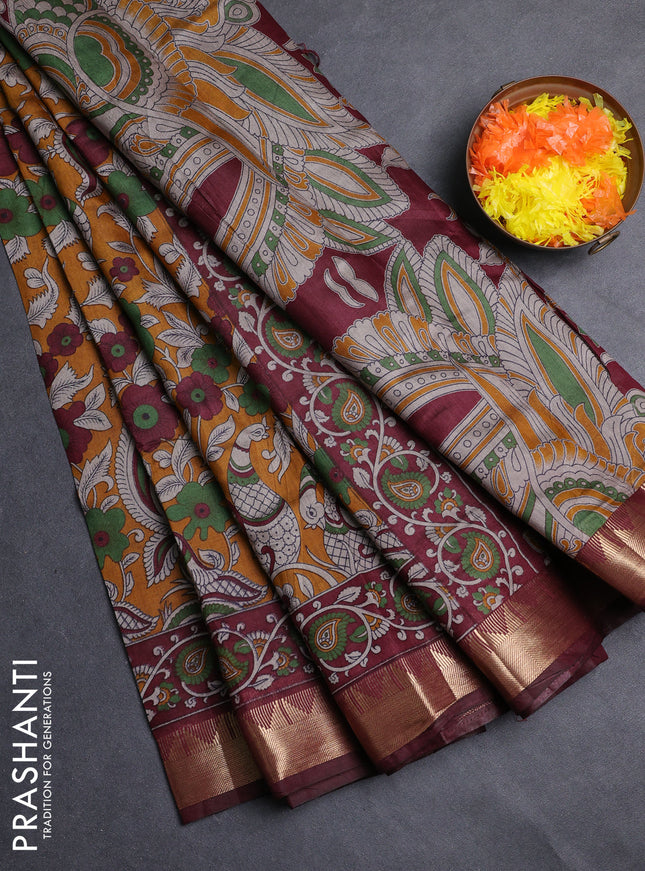 Semi maheshwari cotton saree mustard yellow and maroon with allover kalamkari prints and zari woven border