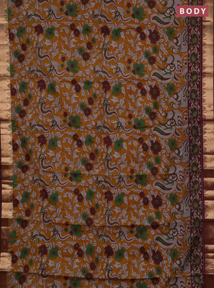 Semi maheshwari cotton saree mustard yellow and maroon with allover kalamkari prints and zari woven border