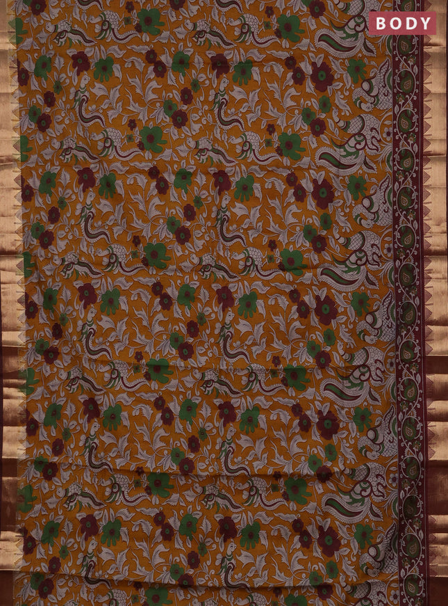 Semi maheshwari cotton saree mustard yellow and maroon with allover kalamkari prints and zari woven border
