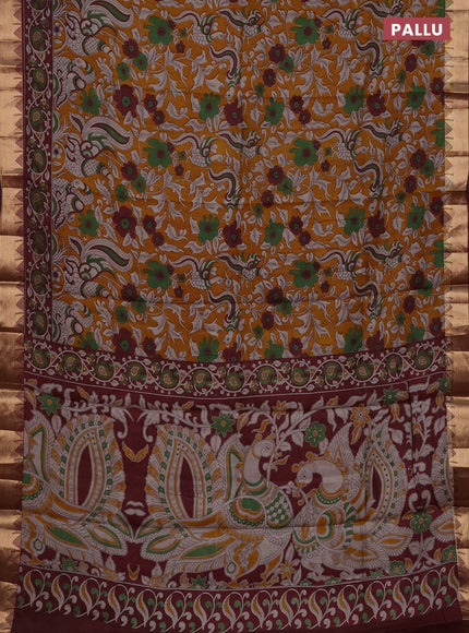 Semi maheshwari cotton saree mustard yellow and maroon with allover kalamkari prints and zari woven border