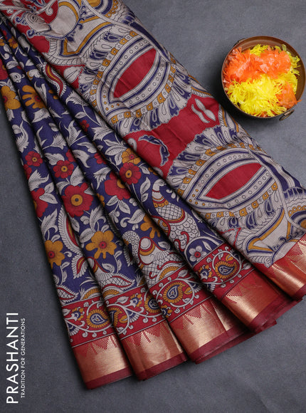 Semi maheshwari cotton saree navy blue and maroon with allover kalamkari prints and zari woven border