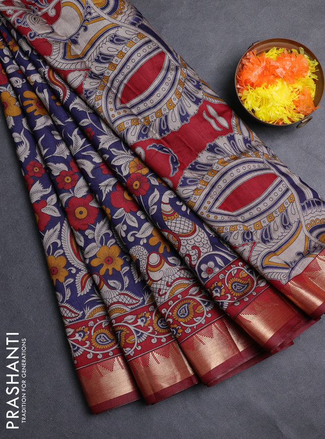 Semi maheshwari cotton saree navy blue and maroon with allover kalamkari prints and zari woven border
