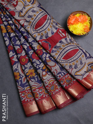 Semi maheshwari cotton saree navy blue and maroon with allover kalamkari prints and zari woven border