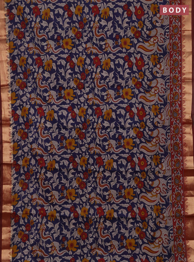 Semi maheshwari cotton saree navy blue and maroon with allover kalamkari prints and zari woven border