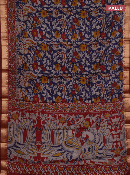 Semi maheshwari cotton saree navy blue and maroon with allover kalamkari prints and zari woven border