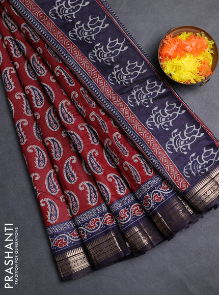 Semi maheshwari cotton saree maroon and navy blue with allover paisley butta prints and zari woven border