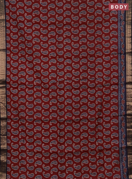 Semi maheshwari cotton saree maroon and navy blue with allover paisley butta prints and zari woven border