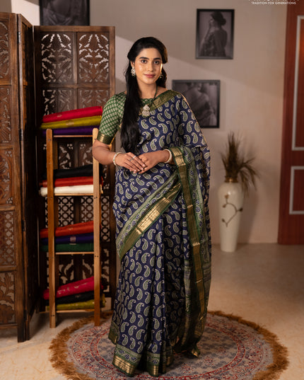 Semi maheshwari cotton saree navy blue and green with allover paisley butta prints and zari woven border