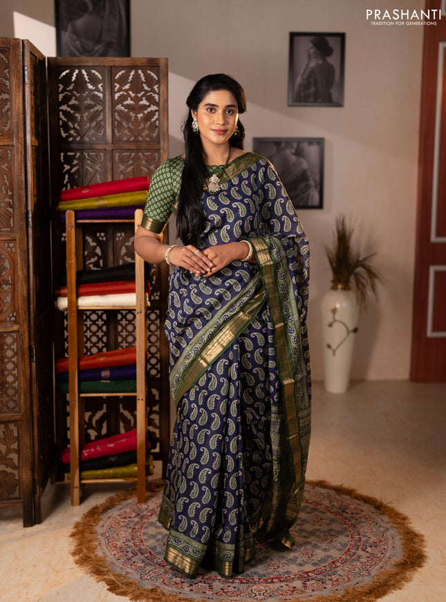 Semi maheshwari cotton saree navy blue and green with allover paisley butta prints and zari woven border