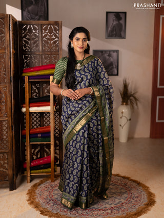 Semi maheshwari cotton saree navy blue and green with allover paisley butta prints and zari woven border