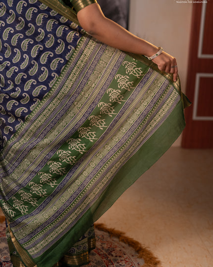 Semi maheshwari cotton saree navy blue and green with allover paisley butta prints and zari woven border