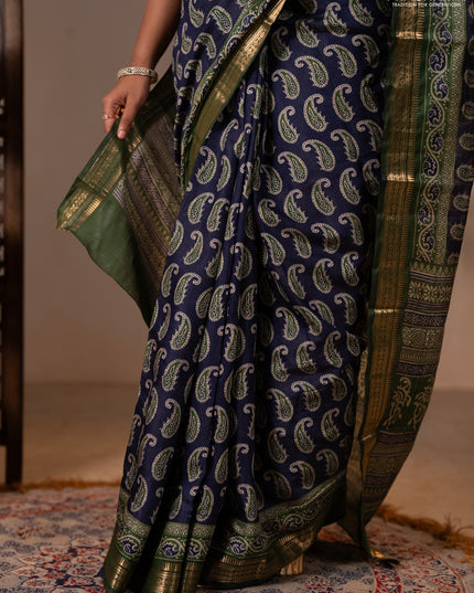 Semi maheshwari cotton saree navy blue and green with allover paisley butta prints and zari woven border
