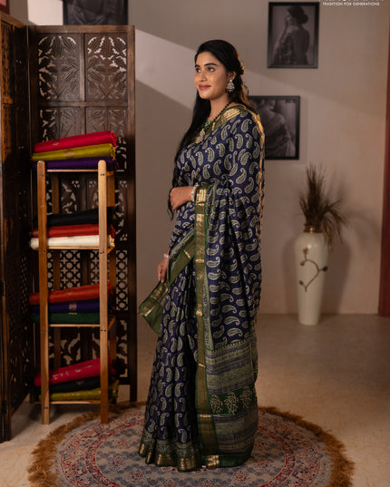 Semi maheshwari cotton saree navy blue and green with allover paisley butta prints and zari woven border