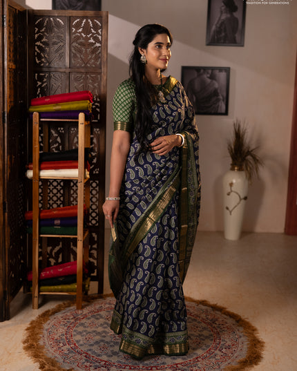 Semi maheshwari cotton saree navy blue and green with allover paisley butta prints and zari woven border