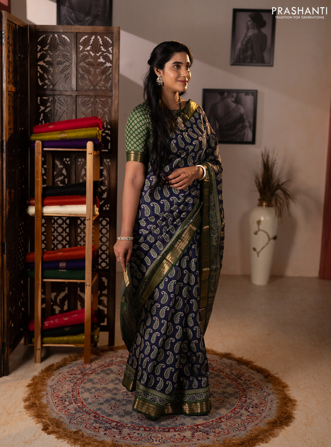 Semi maheshwari cotton saree navy blue and green with allover paisley butta prints and zari woven border