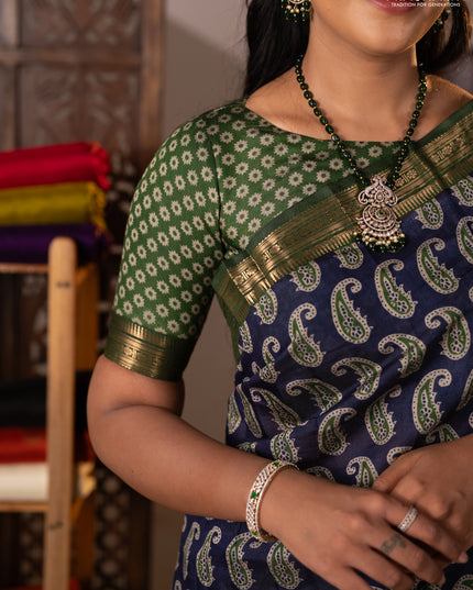 Semi maheshwari cotton saree navy blue and green with allover paisley butta prints and zari woven border