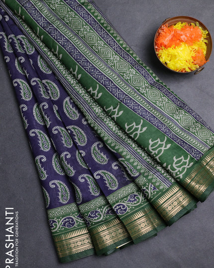 Semi maheshwari cotton saree navy blue and green with allover paisley butta prints and zari woven border