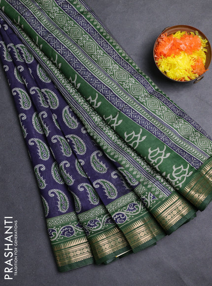 Semi maheshwari cotton saree navy blue and green with allover paisley butta prints and zari woven border
