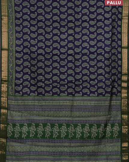 Semi maheshwari cotton saree navy blue and green with allover paisley butta prints and zari woven border