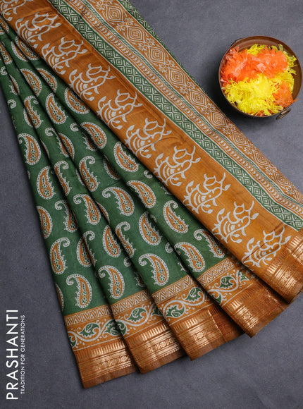 Semi maheshwari cotton saree green and mustard yellow with allover paisley butta prints and zari woven border