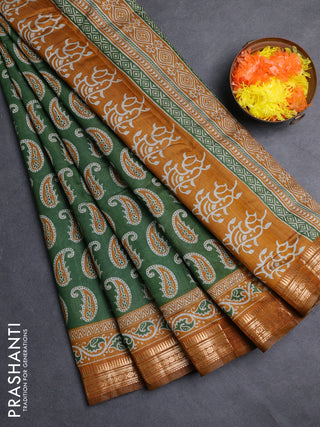 Semi maheshwari cotton saree green and mustard yellow with allover paisley butta prints and zari woven border