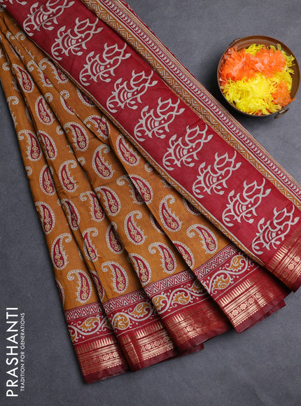 Semi maheshwari cotton saree mustard yellow and deep maroon with allover paisley butta prints and zari woven border