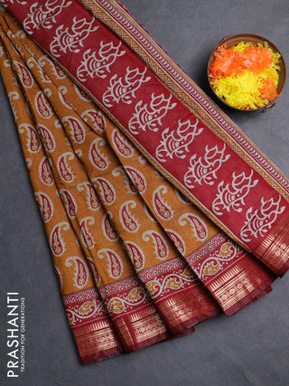 Semi maheshwari cotton saree mustard yellow and deep maroon with allover paisley butta prints and zari woven border