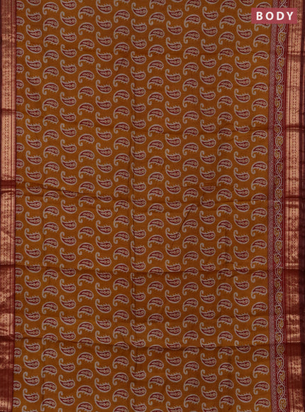 Semi maheshwari cotton saree mustard yellow and deep maroon with allover paisley butta prints and zari woven border