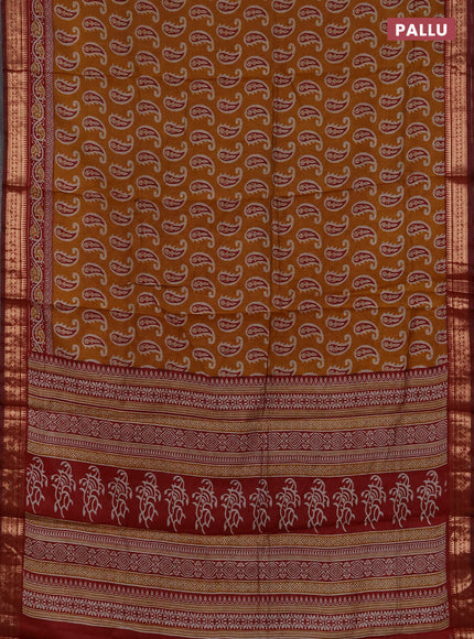Semi maheshwari cotton saree mustard yellow and deep maroon with allover paisley butta prints and zari woven border