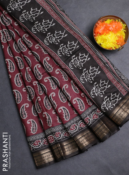 Semi maheshwari cotton saree wine shade and coffee brown with allover paisley butta prints and zari woven border