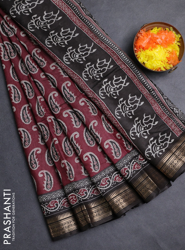 Semi maheshwari cotton saree wine shade and coffee brown with allover paisley butta prints and zari woven border