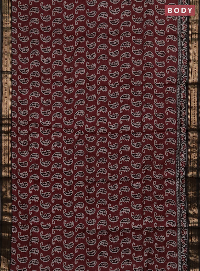 Semi maheshwari cotton saree wine shade and coffee brown with allover paisley butta prints and zari woven border