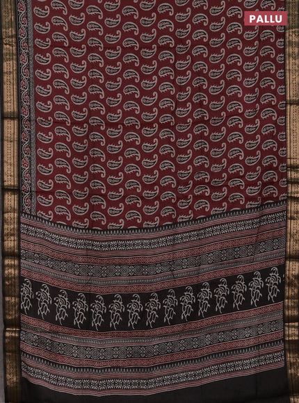 Semi maheshwari cotton saree wine shade and coffee brown with allover paisley butta prints and zari woven border