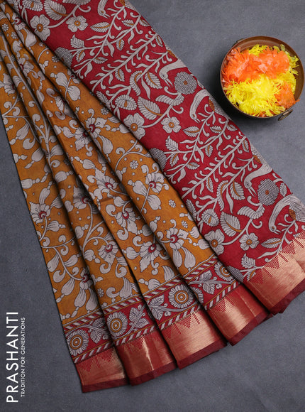 Semi maheshwari cotton saree mustard yellow and deep maroon with allover kalamkari prints and zari woven border