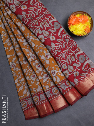 Semi maheshwari cotton saree mustard yellow and deep maroon with allover kalamkari prints and zari woven border