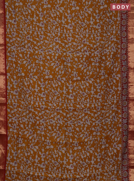 Semi maheshwari cotton saree mustard yellow and deep maroon with allover kalamkari prints and zari woven border