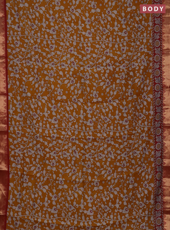 Semi maheshwari cotton saree mustard yellow and deep maroon with allover kalamkari prints and zari woven border