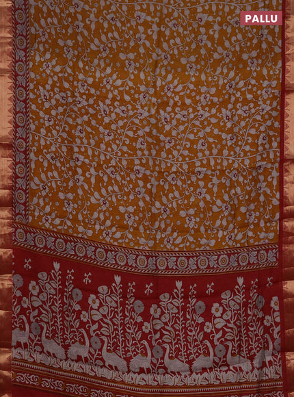 Semi maheshwari cotton saree mustard yellow and deep maroon with allover kalamkari prints and zari woven border