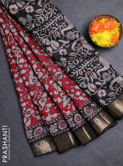 Semi maheshwari cotton saree maroon and black with allover kalamkari prints and zari woven border