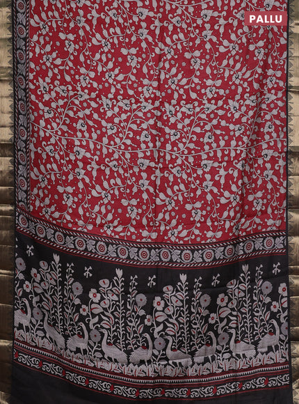 Semi maheshwari cotton saree maroon and black with allover kalamkari prints and zari woven border