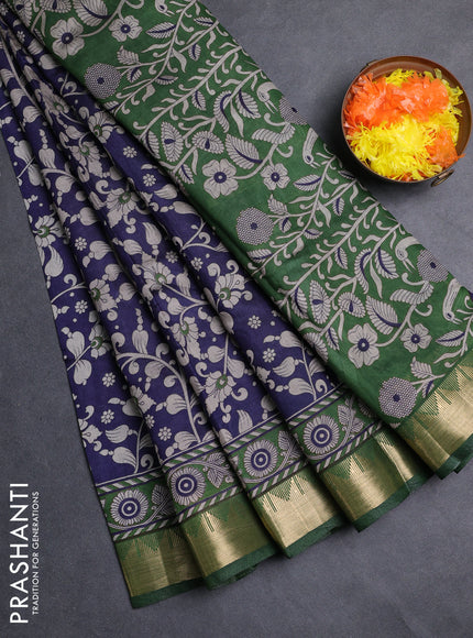 Semi maheshwari cotton saree navy blue and green with allover kalamkari prints and zari woven border