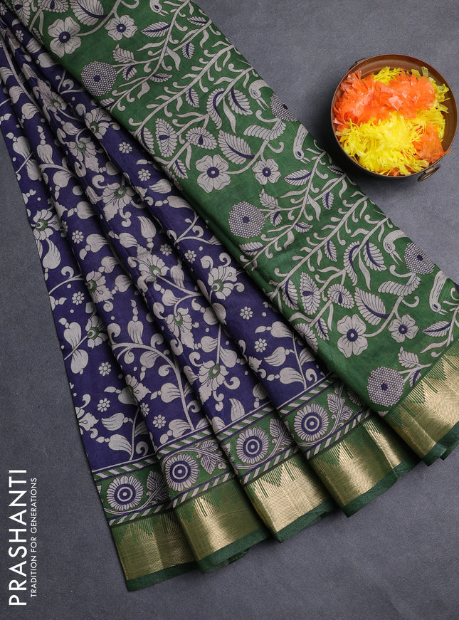 Semi maheshwari cotton saree navy blue and green with allover kalamkari prints and zari woven border