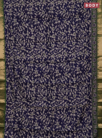Semi maheshwari cotton saree navy blue and green with allover kalamkari prints and zari woven border