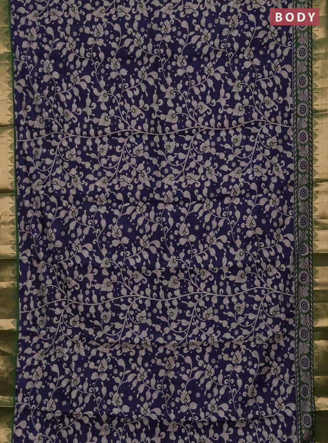 Semi maheshwari cotton saree navy blue and green with allover kalamkari prints and zari woven border
