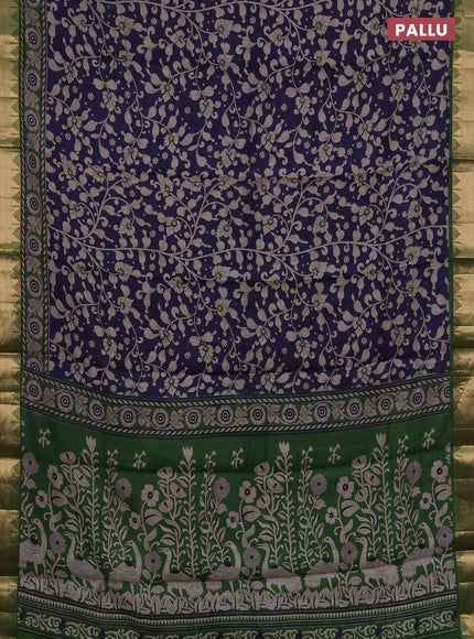 Semi maheshwari cotton saree navy blue and green with allover kalamkari prints and zari woven border